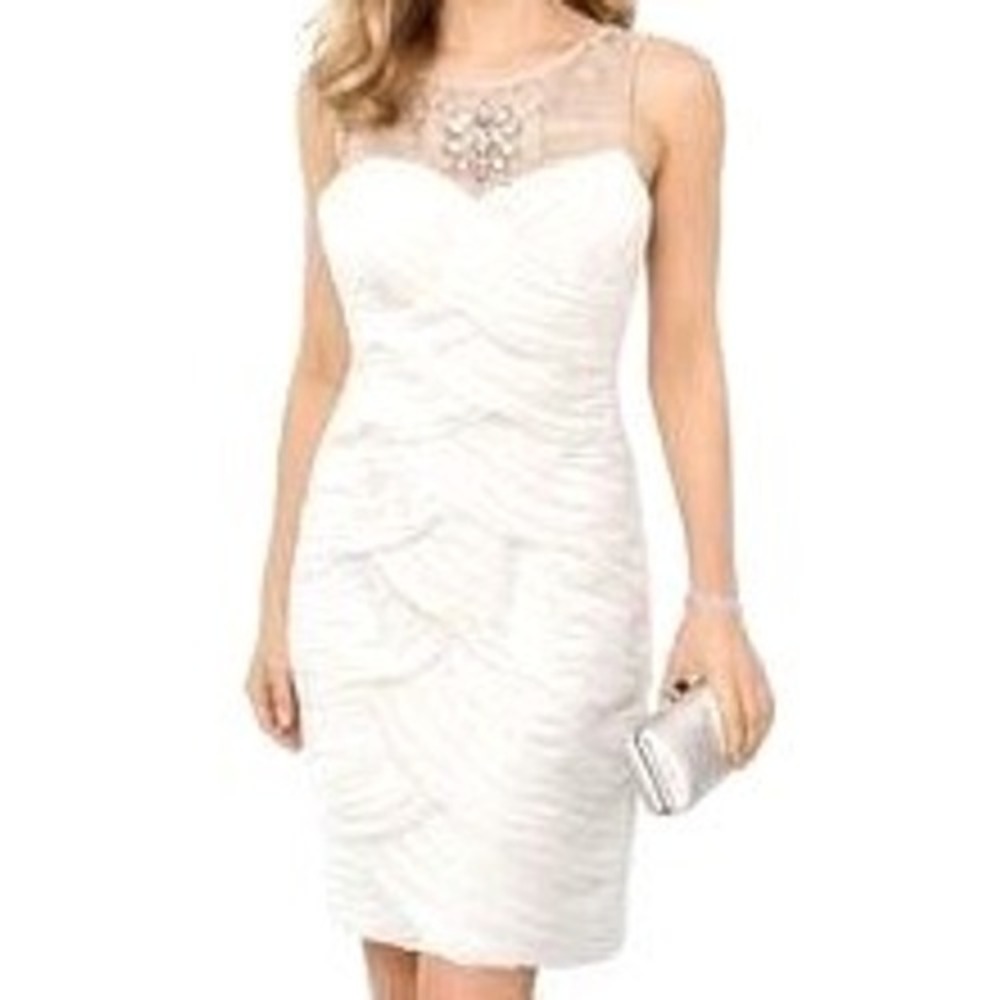 NWOT Adrianna Papell Ruffle Cocktail Dress White Illusion Neck Rhinestones 10